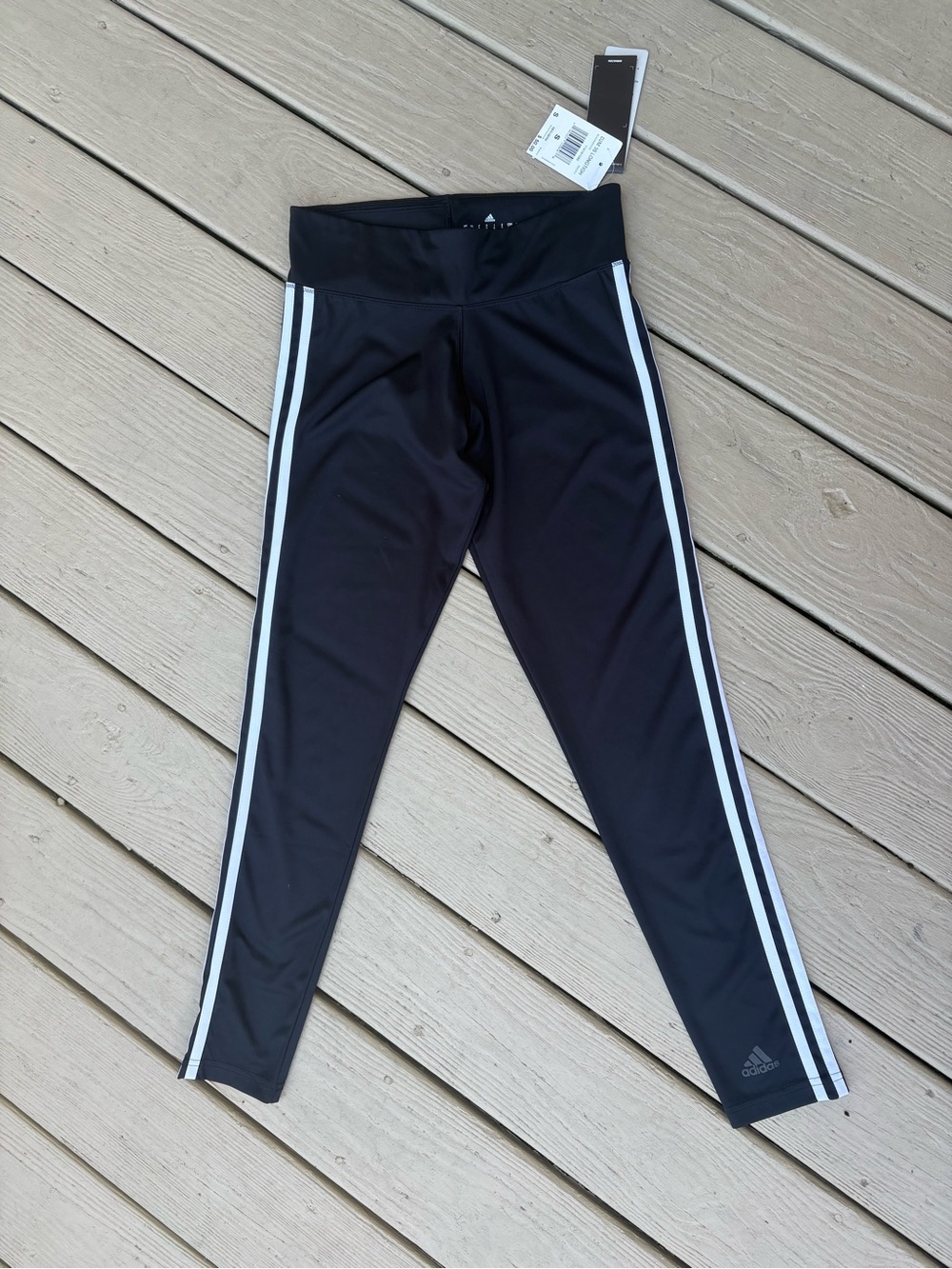 NWT ADIDAS Woman’s  Black Leggings with White Side Stripes, S